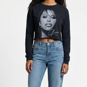 FRCHS AALIYA Black Graphic Face Print Long Sleeve Crop Cut Off T-Shirt Shirt S